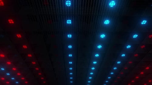 Dynamic Digital Grid with Red and Blue Neon Lights