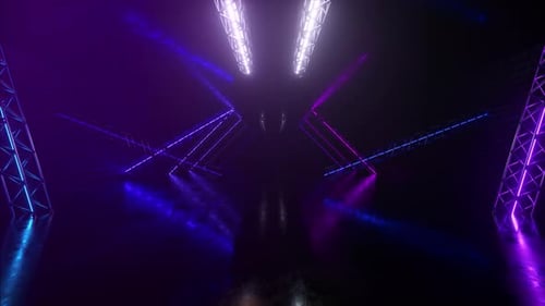 Abstract Neon Background Flying Forward Through the Corridor Glowing Pink Blue Lines Appear