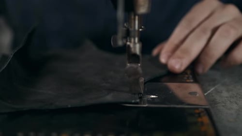 Sewing Machine Stitching Dark Fabric Close Up