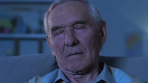 Senior Male Napping on Sofa Closeup, Sleep Apnea Disorder, Pension Age Rest
