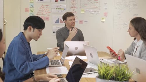 A group of multi ethnic business team talk, communicate, discuss, and work in meeting room office