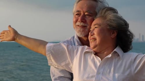 Romantic Senior Couple Embracing on Beach at Sunset