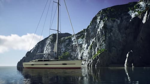 Yacht in the Sea with Greeny Rocky Island