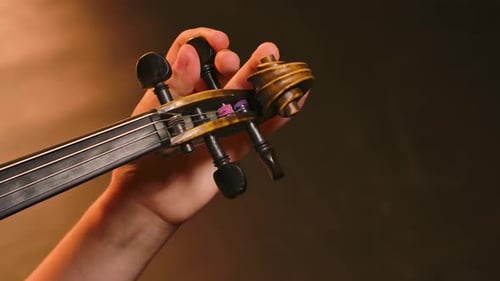 Hands of a Woman Violinist Close Up Tune an Instrument. Slow Motion.