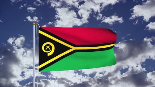Waving Vanuatu Flag Against Blue Sky with Clouds