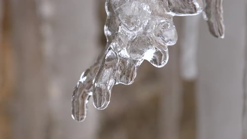Wassertröpfchen tropfen von der Spitze des schmelzenden Eises