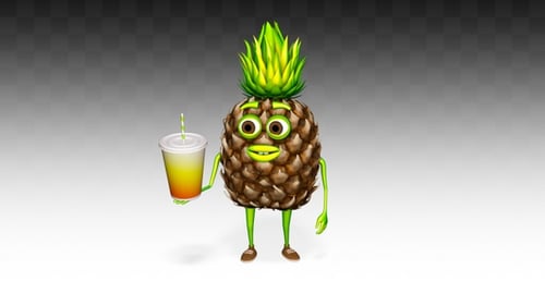 3D Animated Pineapple Character Holding Juice Cup