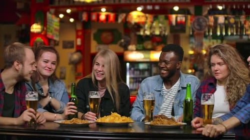 Friends Socializing and Drinking Beer in a Bar