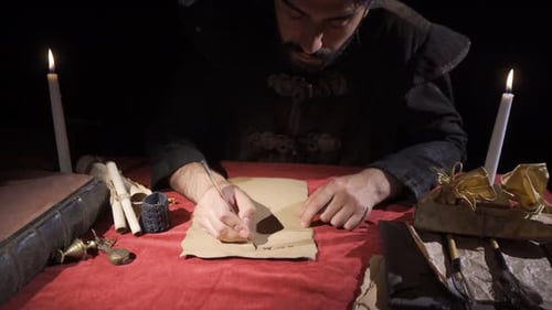 Man writes with quill by candlelight