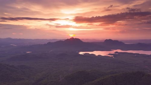 Aerial view, evening view dramatic sky, sunset behind the mountains,