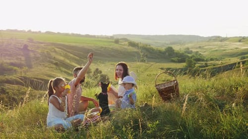 Family Enjoying Picnic in a Rolling Green Field