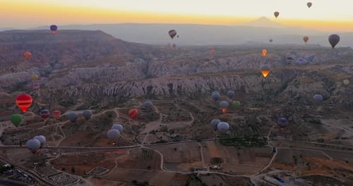 Turkey Cappadocia 12 October 2021 Aerial View of The Morning Landscape of Flying Hot Air Balloons
