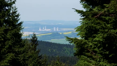 A Vast Rural Area with a Busy Factory in the Middle, a Coniferous Forest in the Foreground