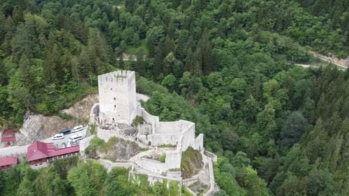 Amazing orbiting aerial of Zil castle Camlihemsin,Rize,Turkiye. Famous mountaintop medieval period