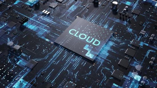 Futuristic Digital Circuit Board with Glowing Cloud Text Animation