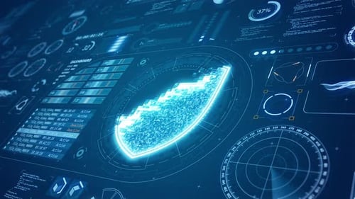 3D Blue security shield with HUD and futuristic technology abstract background network security