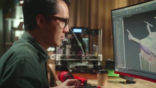 Asian Engineer Working On Computer And 3D Printer, Screen Shows Cad Software Of Drone Delivery