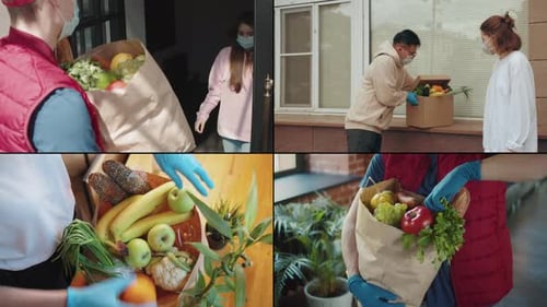 Collage People Food Delivery Life After Quarantine and Coronavirus Epidemic Man and Woman Courier
