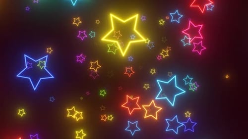 Neonsternförmige, fluoreszierende LED-Leuchten in Regenbogenform leuchten und fliegen vorwärts