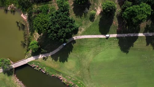 4K Aerial view group of Asian people golfing on at golf course in summer sunny day.