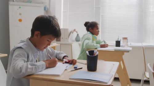 Elementary Students Working at Desks in Classroom