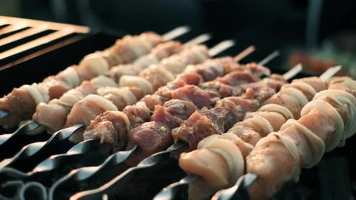 Meat Skewers Grilling with Onions