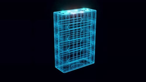 Futuristic Holographic Battery Wireframe with Energy Flow