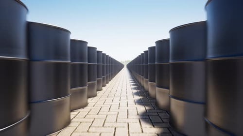 Industrial Oil Barrels Moving Forward on a Paved Path
