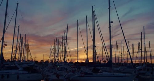 Marina with Yachts, Evening Time at Sunset. Timelapse.
