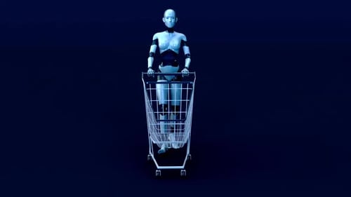 Animation conceptuelle 4K d'une femme robot shopping