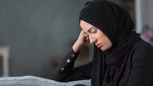 Unhappy Muslim Woman Massaging Temples Feeling Blood Pressure Headache