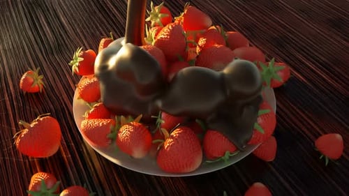Delicious Chocolate Pouring Over Fresh Red Strawberries