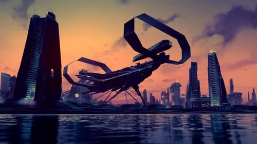 Futuristic Spaceship Landing in Sci-Fi City at Sunset