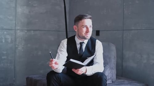 Headshot Portrait Smiling Confident Caucasian Male Businessman Being Modern Office Dark Room