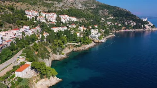 Croatia. Aerial view on the seashore. Vacation and adventure. Town and sea.
