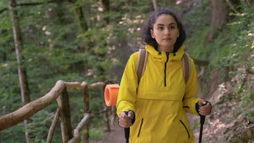 Expedition in Forest in Summer Woman is Hiking Travelling with Backpack