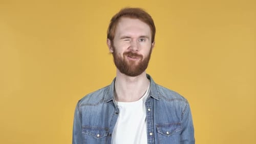 Ja Rothaariger Mann schüttelt den Kopf, um gelben Hintergrund zu akzeptieren