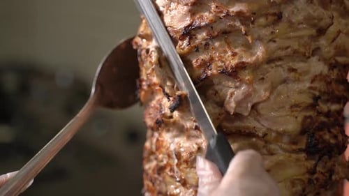Meat Shawarma Sliced from Rotating Spit