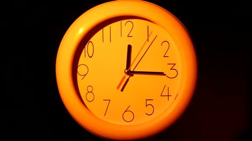 Icon of White Clock with Shadow on Black Background, Night