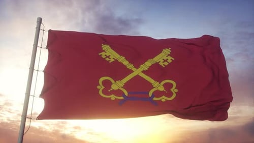 Drapeau du Comtat Venaissin, France, agitant dans le vent, ciel et soleil, fond