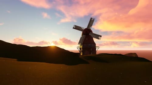Rustic Windmill at Sunset in Green Rural Landscape