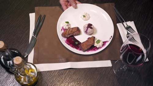 View From Above of Friend Having Dinner in Modern Restaurant with Salad Pork and Dessert