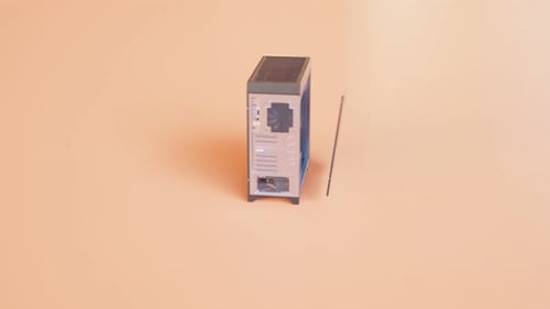 Computer delivery. PC parts are assembled in a case and taken by a courier. 4K