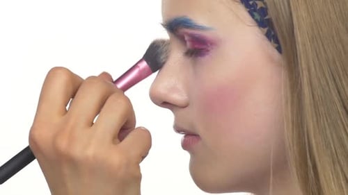 Eye Make-up Woman Applying Eyeshadow, Making Exotic, One, Blue Eyebrow, Blusher, Upwards, Close Up
