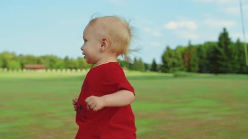 Boy Running in Green Meadow. Closeup Small Kid Playing in Summer Park