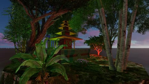 Rotating Tropical Island Temple with Lush Nature