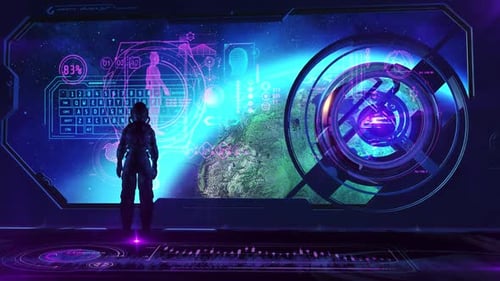 Astronaut Interacting with Futuristic Holographic UI in Space