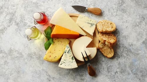 Cheese Selection and Bread Still Life, Overhead Shot