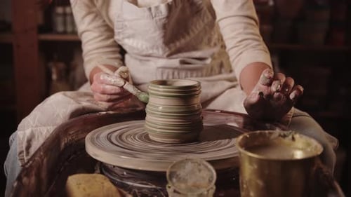 Jeune femme Potter travaillant avec une argile humide peignant l'argile en vert avec un pinceau