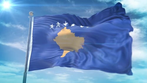 Kosovo National Flag Waving With Sun And Clouds